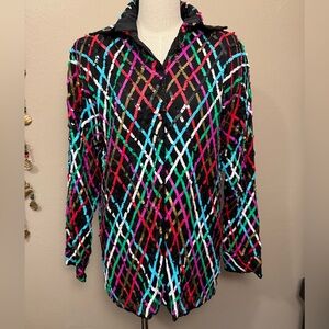 Nagpal Vintage 80s 100% Pure Silk Colorful Sequin Shoulder Pad Snap Closure Top